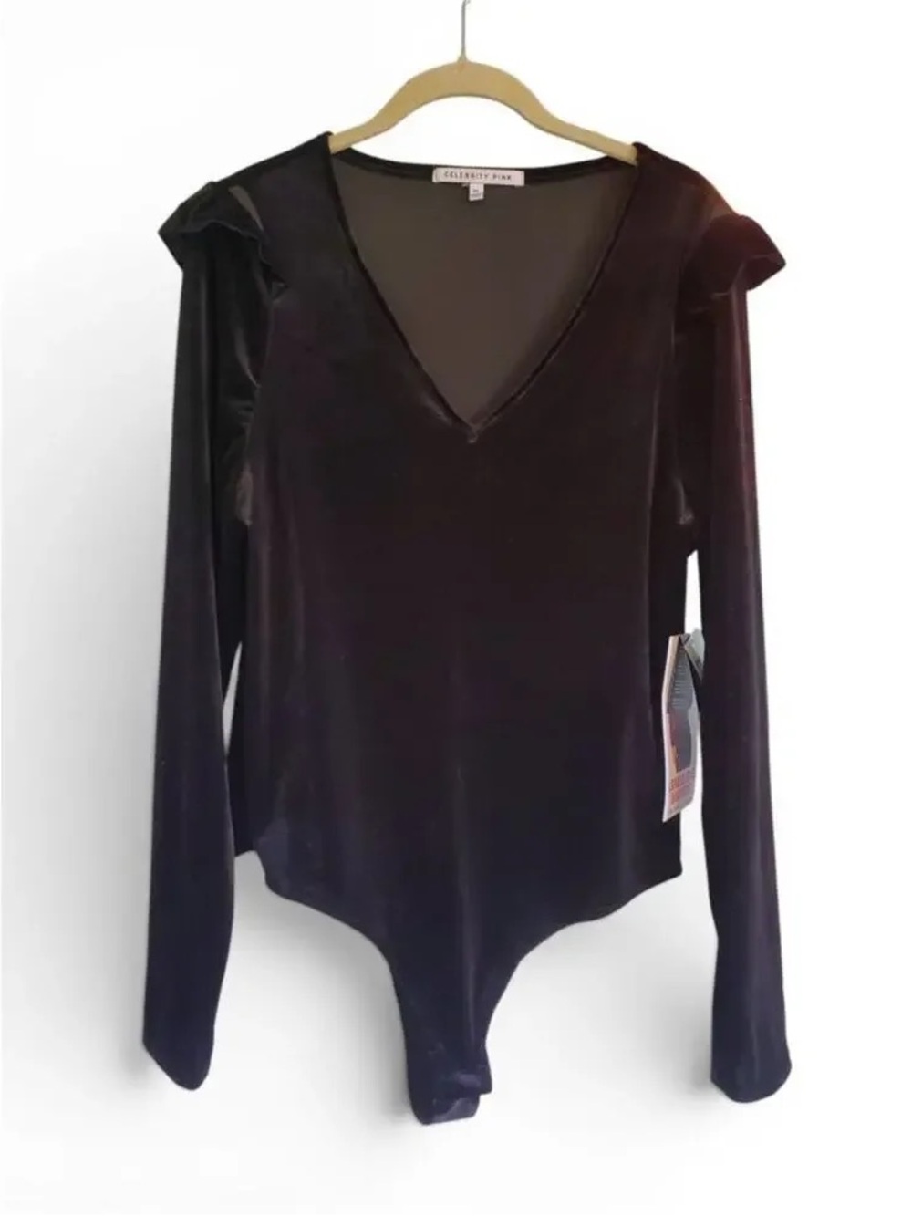 Celebrity Pink Black Velvet V-Neck Long Sleeve Bodysuit